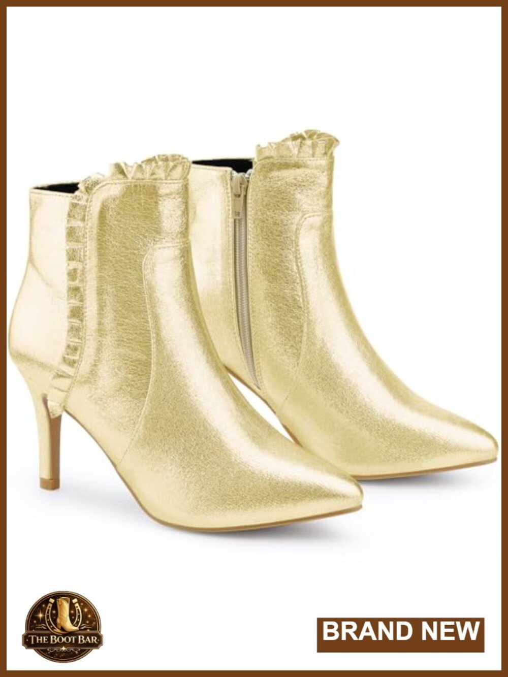 Metallic Faux Leather Ruffle Ankle Booties Stiletto Heel Pointed Toe Zip Up